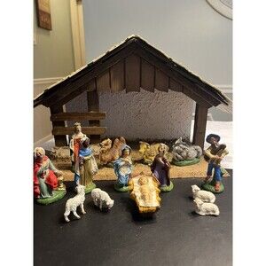 14pc Navity Set Italy w Wood Manger Baby Jesus Mary Joseph Kings Shepherd Animal